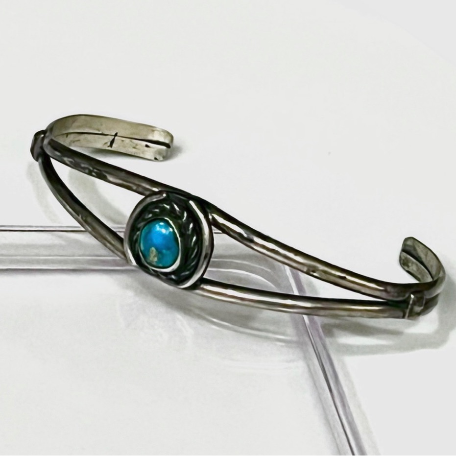 Navajo, Old Pawn Vintage 1930s Sterling Silver “Ajax” Turquoise Cuff